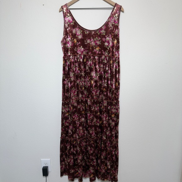 NEW Natural Life Women Velvet Floral Tiered Maxi Dress XL Burgundy Bohemian - Picture 11 of 12